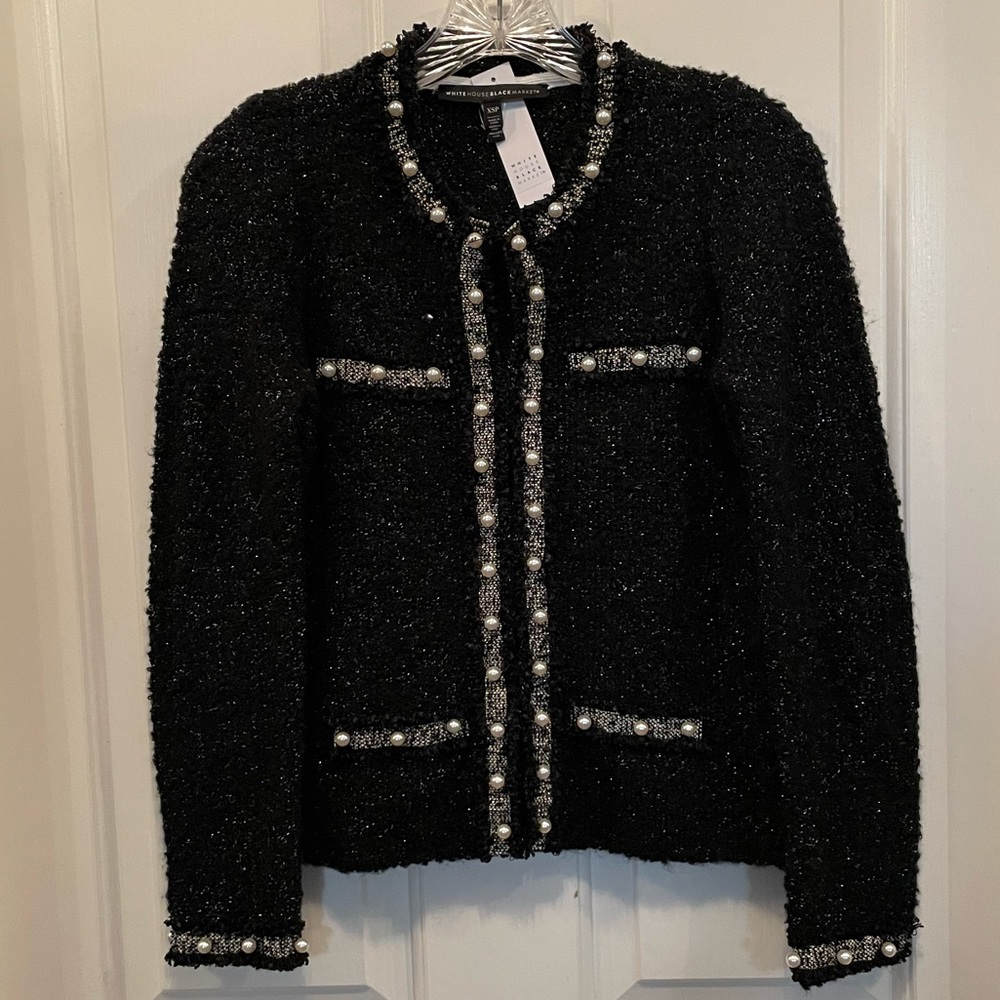 NWT White House Black market, black and silver with pearls cardigan sweater